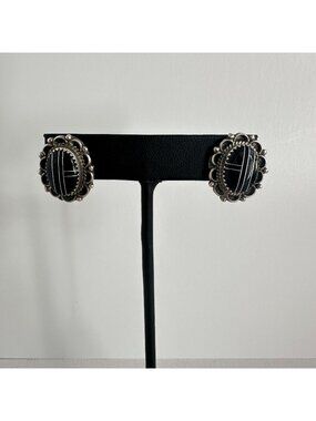 Native American Sterling Black Onyx Inlay Earrings, Signed SF, Southwestern
